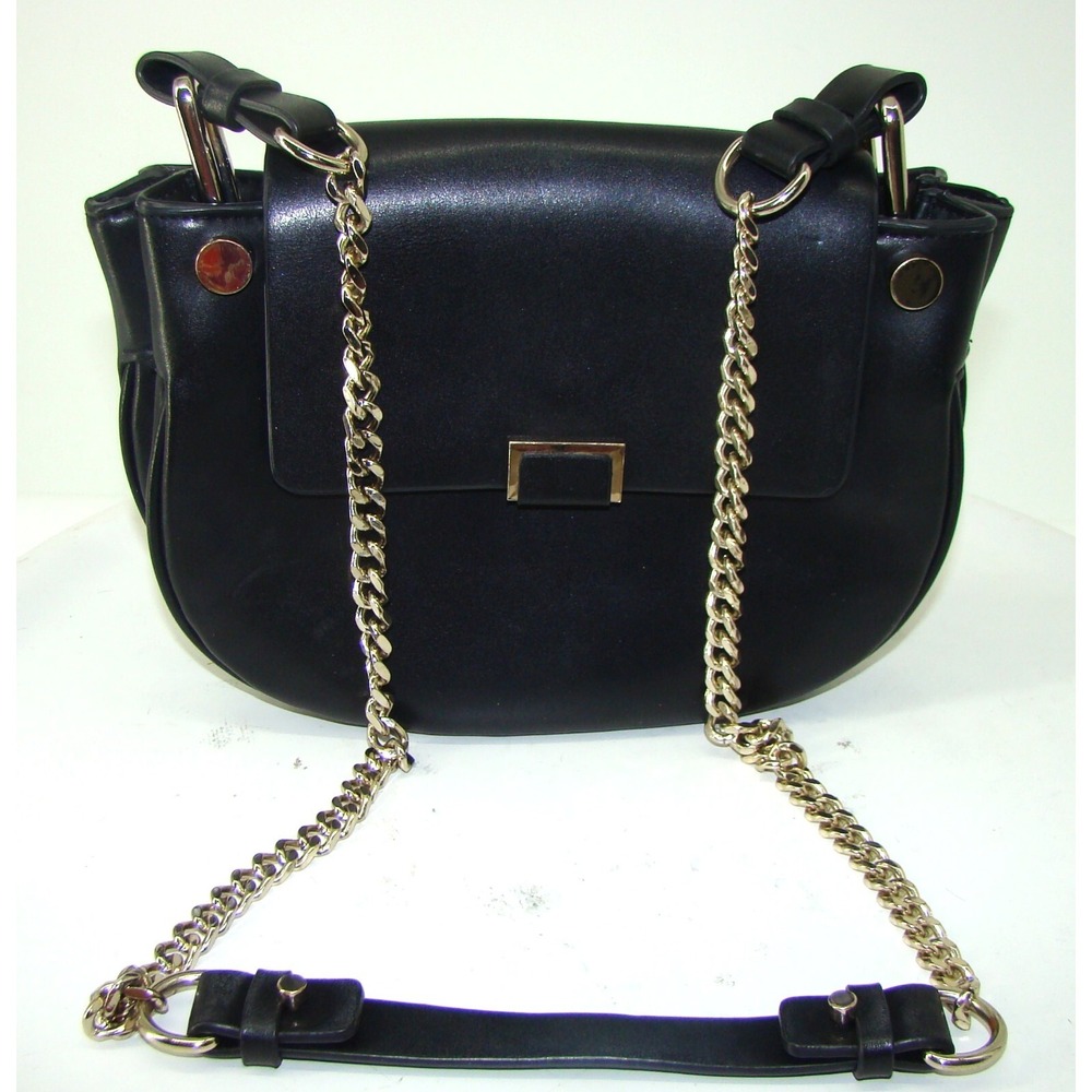 Zara Basic Black Vegan Leather Silver Chain Link Hardware Bag Purse    A133